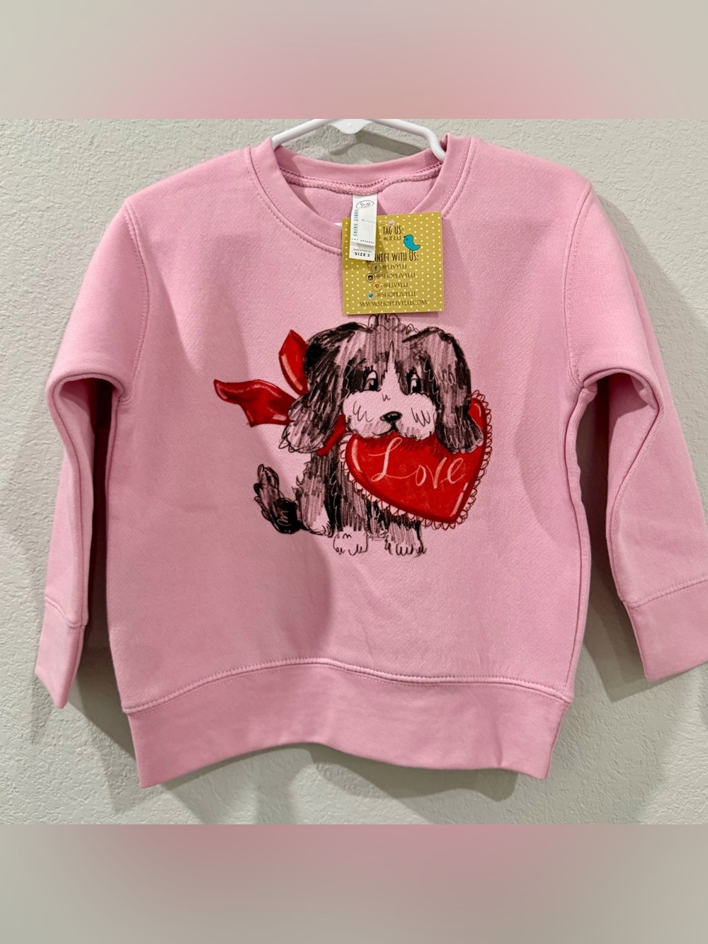 Rabbit Skins Pink Puppy Love Valentine Red Heart Long Sleeve Sweatshirt 3T
